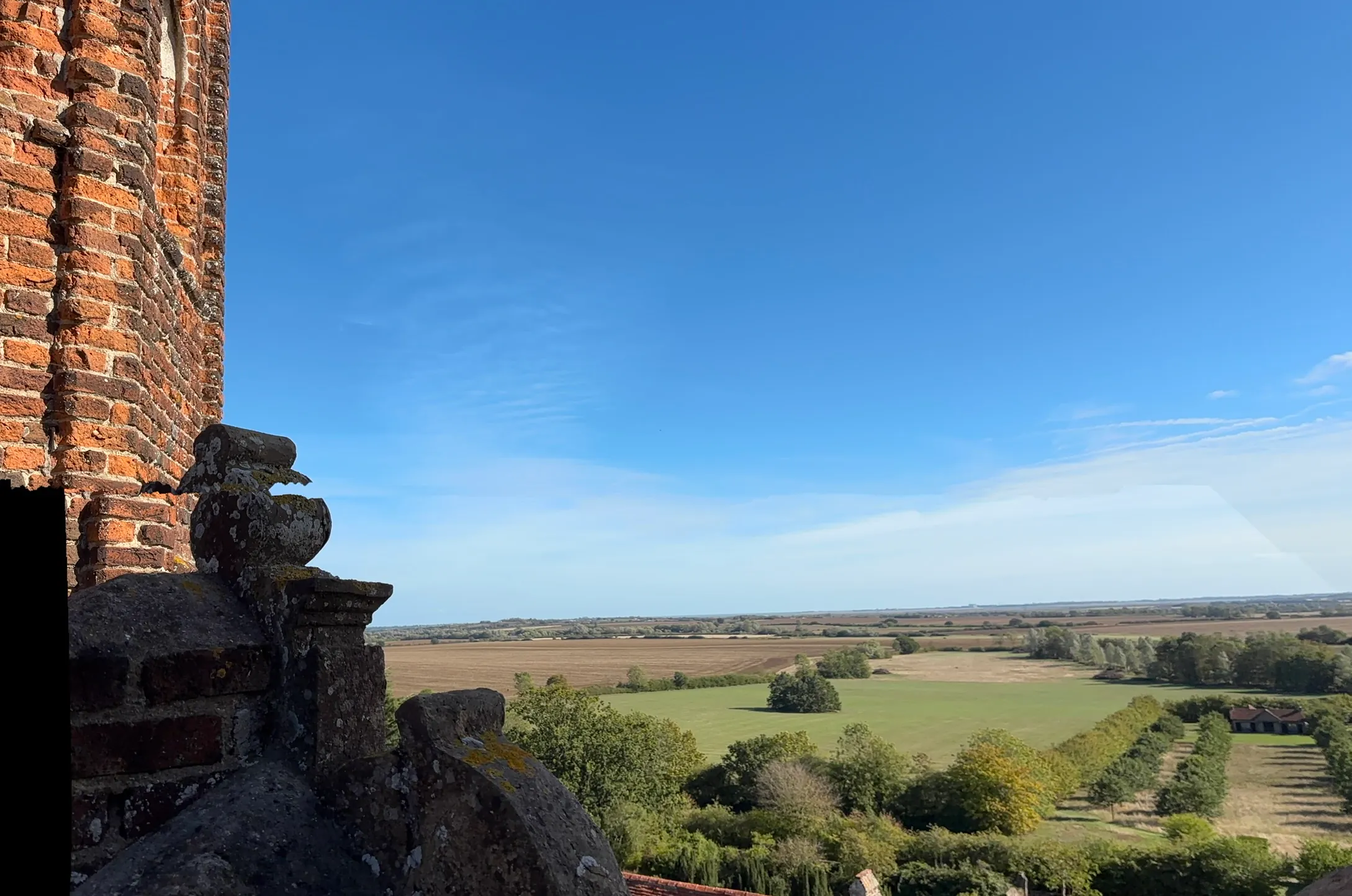 View across the Essex countryside from the roof of Layer Marney Tower.